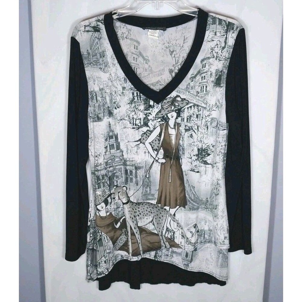 Artsy Paris Cityscape Tunic Top Black White L Asymmetrical Layered Hem Cheetah